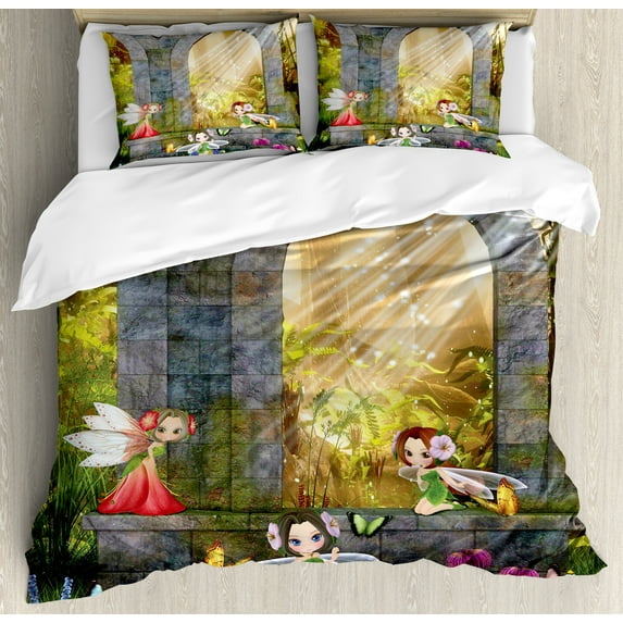 Garden Duvet Cover Set, Fairies Playing in the Ruins with Flowers Blossom Butterflies Fantasy Scene, Decorative 3 Piece Bedding Set with 2 Pillow Shams, King Size, Charcoal Green Red, by Ambesonne