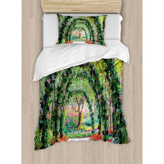 Garden Duvet Cover Set, Flower Arches Pathway in Ornamental Plants Greenery Romantic Picture, Decorative 2 Piece Bedding Set with 1 Pillow Shams, Twin Size, Green Red, by Ambesonne