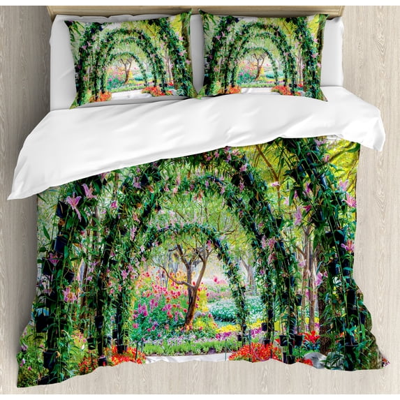 Garden Duvet Cover Set, Flower Arches Pathway in Ornamental Plants Greenery Romantic Picture, Decorative 3 Piece Bedding Set with 2 Pillow Shams, King Size, Green Red, by Ambesonne