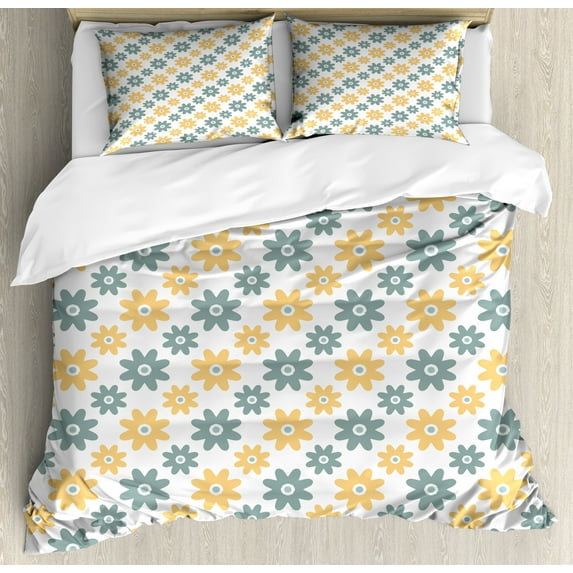 Garden Duvet Cover Set, Lively Wildflowers Daisies Retro Fashion Spring Nature Print, Decorative 3 Piece Bedding Set with 2 Pillow Shams, King Size, Almond Green Mustard, by Ambesonne