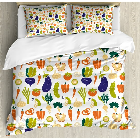 Garden Duvet Cover Set, Organic Harvest Aubergine Carrot Tomato Beets Vegetables Healthy Eat, Decorative 3 Piece Bedding Set with 2 Pillow Shams, Calking Size, Orange and Apple Green, by Ambesonne