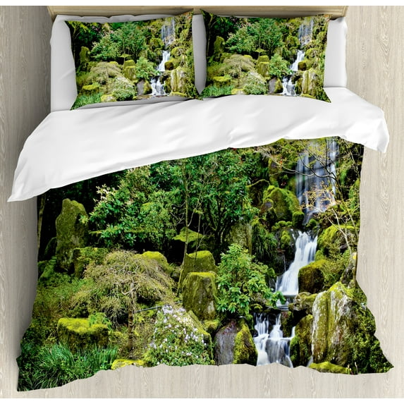 Garden Duvet Cover Set, Pond in Style Garden Arboretum Trees Bush Foliage Rocks Waterscape Picture, Decorative 3 Piece Bedding Set with 2 Pillow Shams, Calking Size, Green White, by Ambesonne