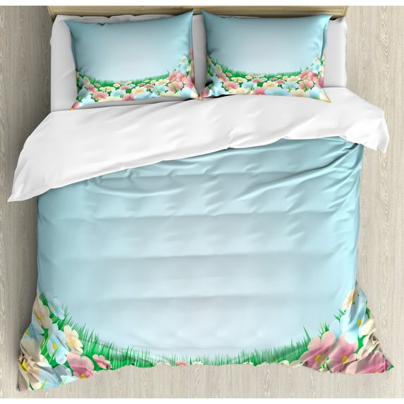 Garden Duvet Cover Set Queen Size, Curvy Fresh Meadow with Pastel Colored Daisies Pansies Yard Growth Countryside Art, Decorative 3 Piece Bedding Set with 2 Pillow Shams, Multicolor, by Ambesonne