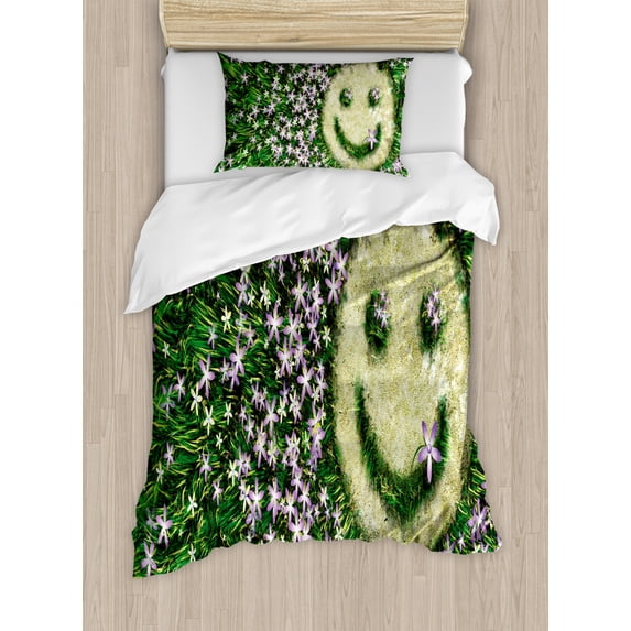 Garden Duvet Cover Set, Smiling Emoticon on the Grass with Spring Flowers Happy Humorous Meadow Print, Decorative 2 Piece Bedding Set with 1 Pillow Shams, Twin Size, Lavender Green, by Ambesonne
