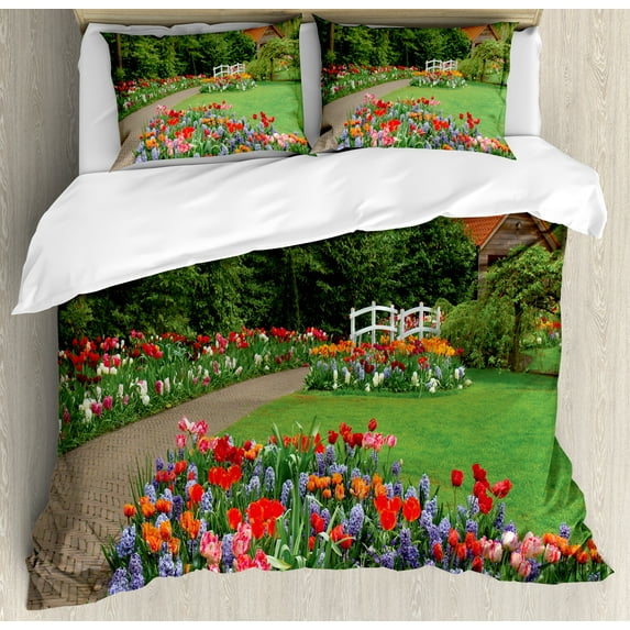Garden Duvet Cover Set, Spring Garden with Forest Hut Small Bridge Plants Flowerbedsnd Walkway, Decorative 3 Piece Bedding Set with 2 Pillow Shams, King Size, Green and Purple, by Ambesonne