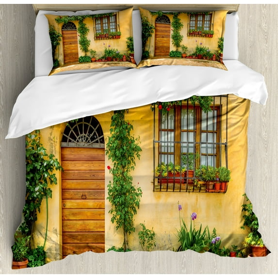 Garden Duvet Cover Set, Still Life Photo of Old House's Interior Floral Planrs and Door, Decorative 3 Piece Bedding Set with 2 Pillow Shams, King Size, Pale Orange Fern Green, by Ambesonne