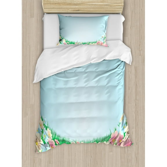 Garden Duvet Cover Set Twin Size, Curvy Fresh Meadow with Pastel Colored Daisies Pansies Yard Growth Countryside Art, Decorative 2 Piece Bedding Set with 1 Pillow Sham, Multicolor, by Ambesonne