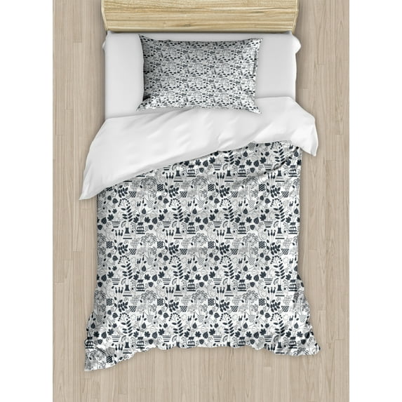 Garden Duvet Cover Set Twin Size, Greyscale Design Blossoming Flora Autumn Season Bouquet Monochrome Pattern, Decorative 2 Piece Bedding Set with 1 Pillow Sham, Charcoal Grey Ivory, by Ambesonne