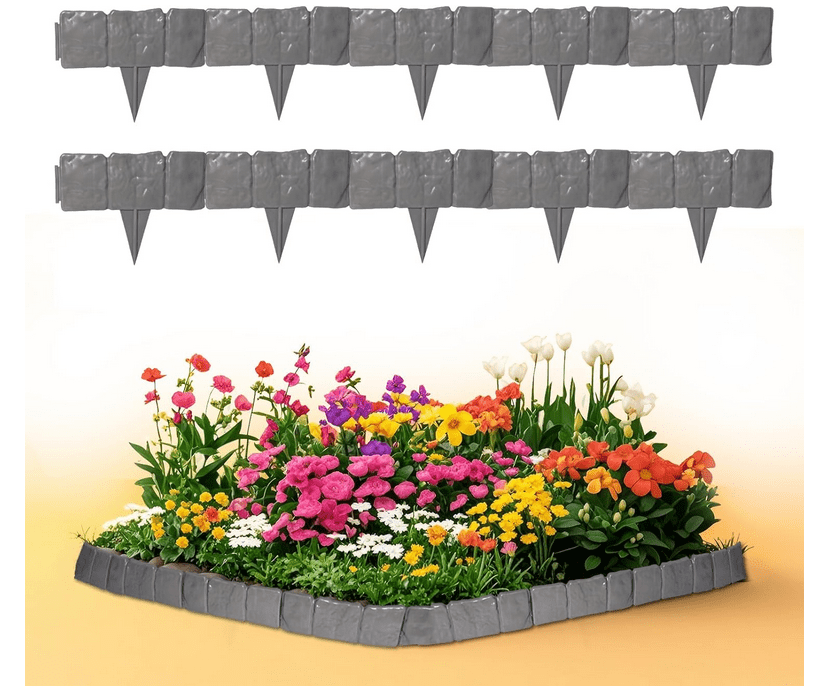 Garden Edging 10pcs, Faux Stone Edging for Landscaping [9 Inch Tall], Plastic Landscape Edging Border for Flowerbeds, Yard, Greystone - (10Pcs_Black)