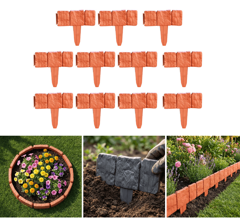 Garden Edging 10pcs, Faux Stone Edging for Landscaping [9 Inch Tall], Plastic Landscape Edging Border for Flowerbeds, Yard, Greystone - (10Pcs_Red)