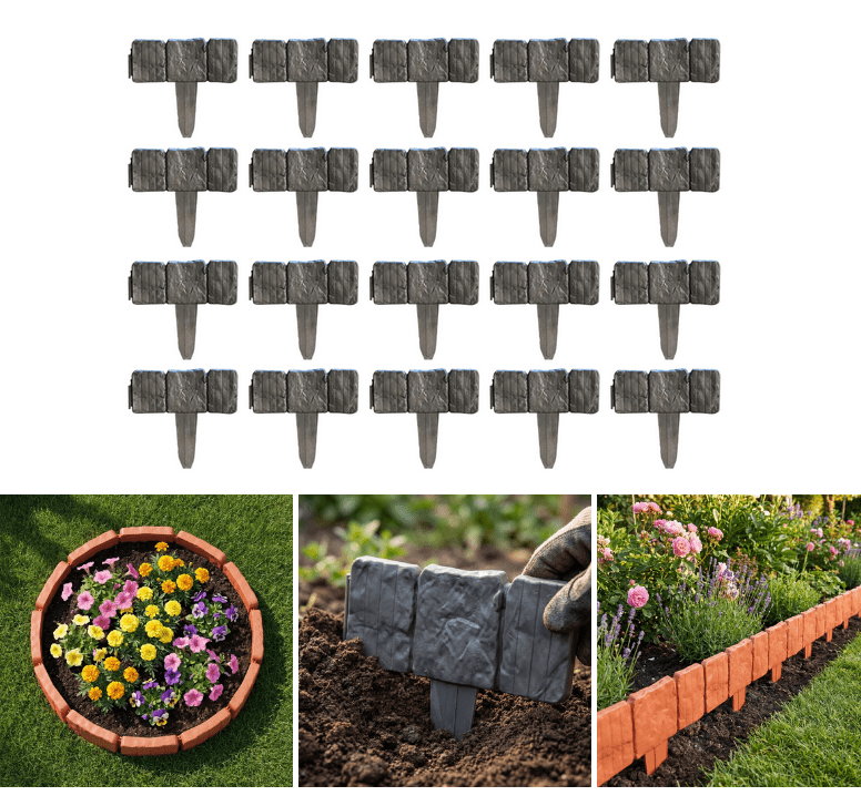 Garden Edging 20pcs, Faux Stone Edging for Landscaping [9 Inch Tall], Plastic Landscape Edging Border for Flowerbeds, Yard, Greystone - (20Pcs_Black)