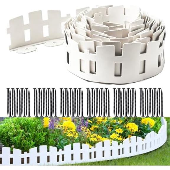 Garden Edging 33FT Koldwater, 4.6IN Tall White Landscape Edging Border with 60 Stakes, Flexible Plastic Lawn Edging for Yard, Flower Beds,Tree Rings, Walkways & Garden Borders（Square-White）