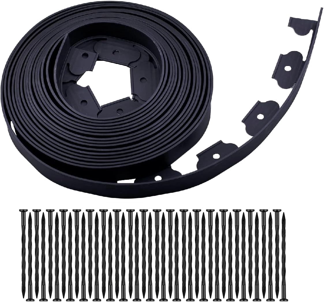 Garden Edging, 50ft No-Dig Landscape Edging with 75 Spikes for Lawn, 2 Inch Tall for Landscaping, Flower Gardens, and Lawn(Black, 50FT)
