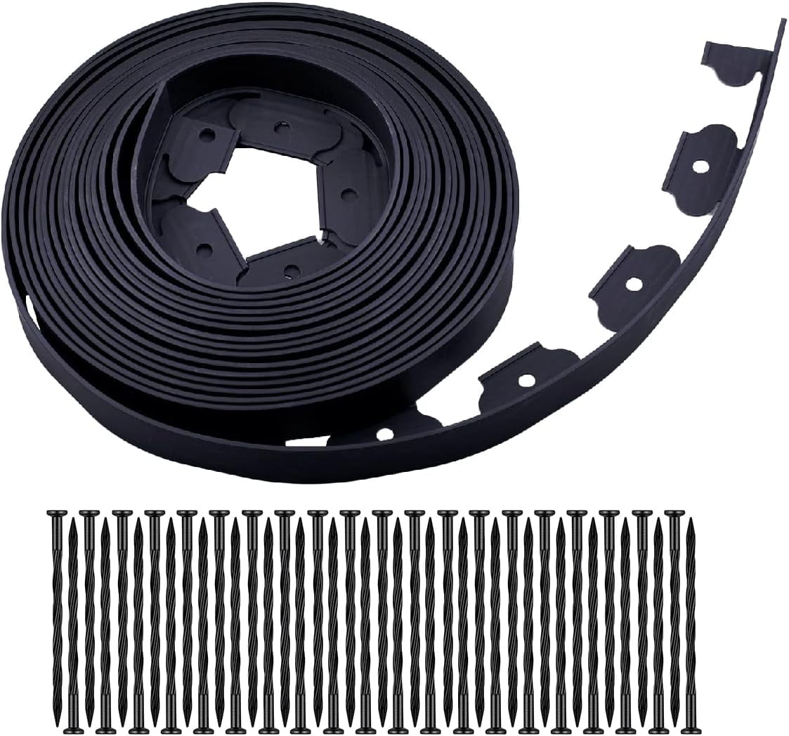 Garden Edging, 60ft No-Dig Landscape Edging with 90 Spikes for Lawn, 4 inch Tall for Landscaping, Flower Gardens, and Lawn(Black, 60FT)