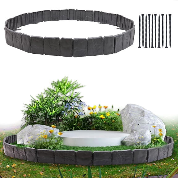 Garden Edging Border, 16FT Landscape Borders for Flower Beds, Imitation Stone Effect Lawn Border Faux and Plastic No Dig (20Pcs, Black)