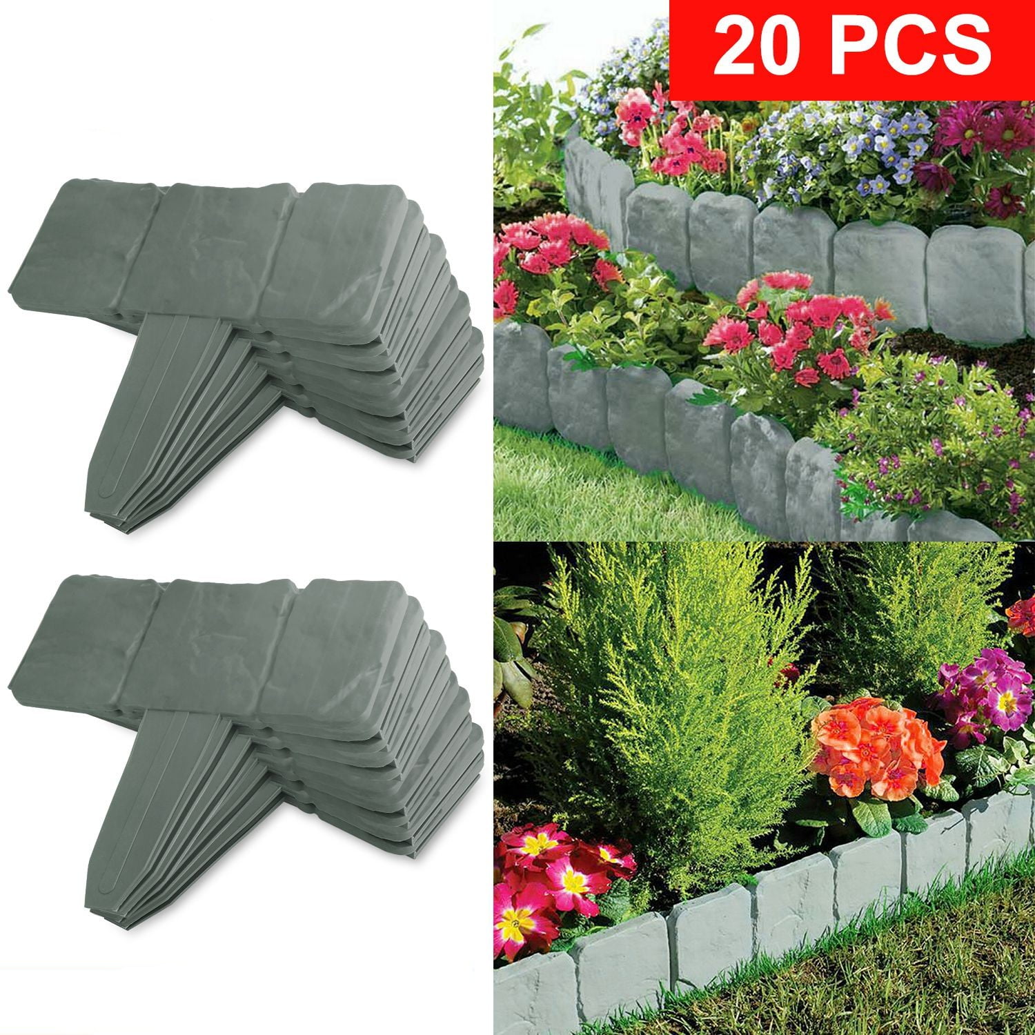 Garden Edging Border 16Ft Imitation Stone Effect Gray No Dig Flexible Lawn Border Flower Bed Landscape Edging 20 Pieces PP Plastic Weather Resistant Easy Install Ground Stake Landscape Pathway Kit