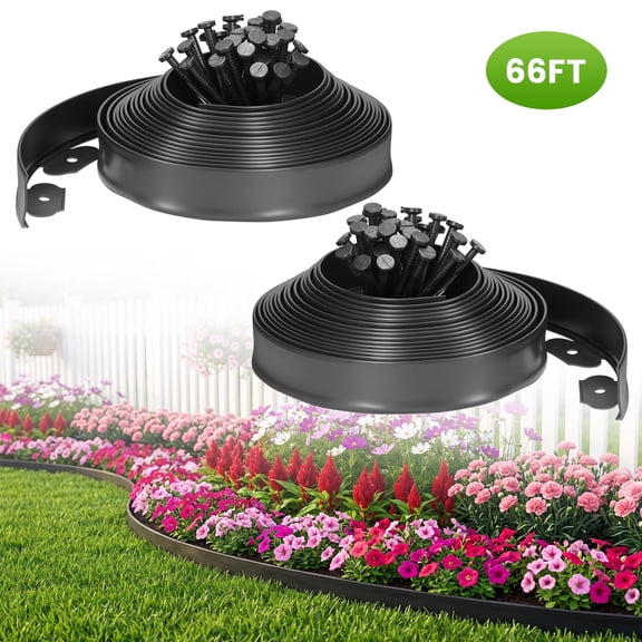 Garden Edging Border 2 Inch Tall - 66FT with 60pcs Spikes, Plastic Edging Border for Landscaping, Lawn, Garden, Flower Beds, Paver, Pathway (Black)