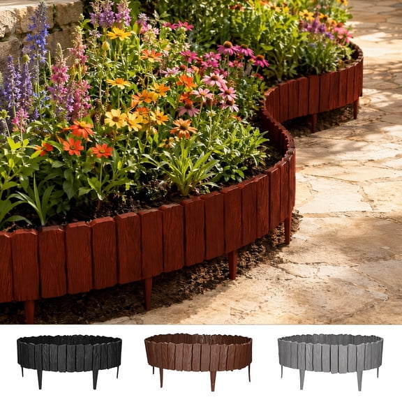 Garden Edging Border, 5.91Ft 7.87Ft 11.81Ft Plastic Flexible Lawn Border, Wood Look, No Dig Garden Edging Panels for Flower Beds Lawns
