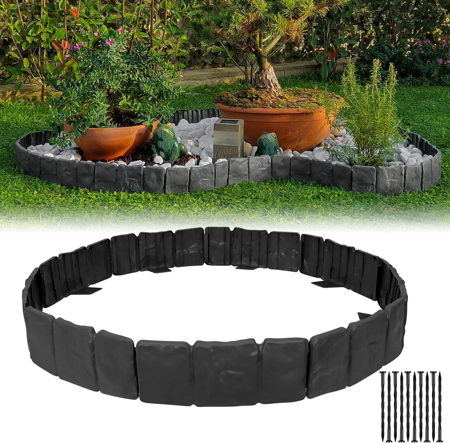 Garden Edging Border NO DIG, with Landscape Edging Anchoring Spikes, Black Stone Effect Plastic Lawn Edging Fencing, Interlocking Yard Lawn Edging for Flower Bed | 24 Ft | 30Pcs | Black |