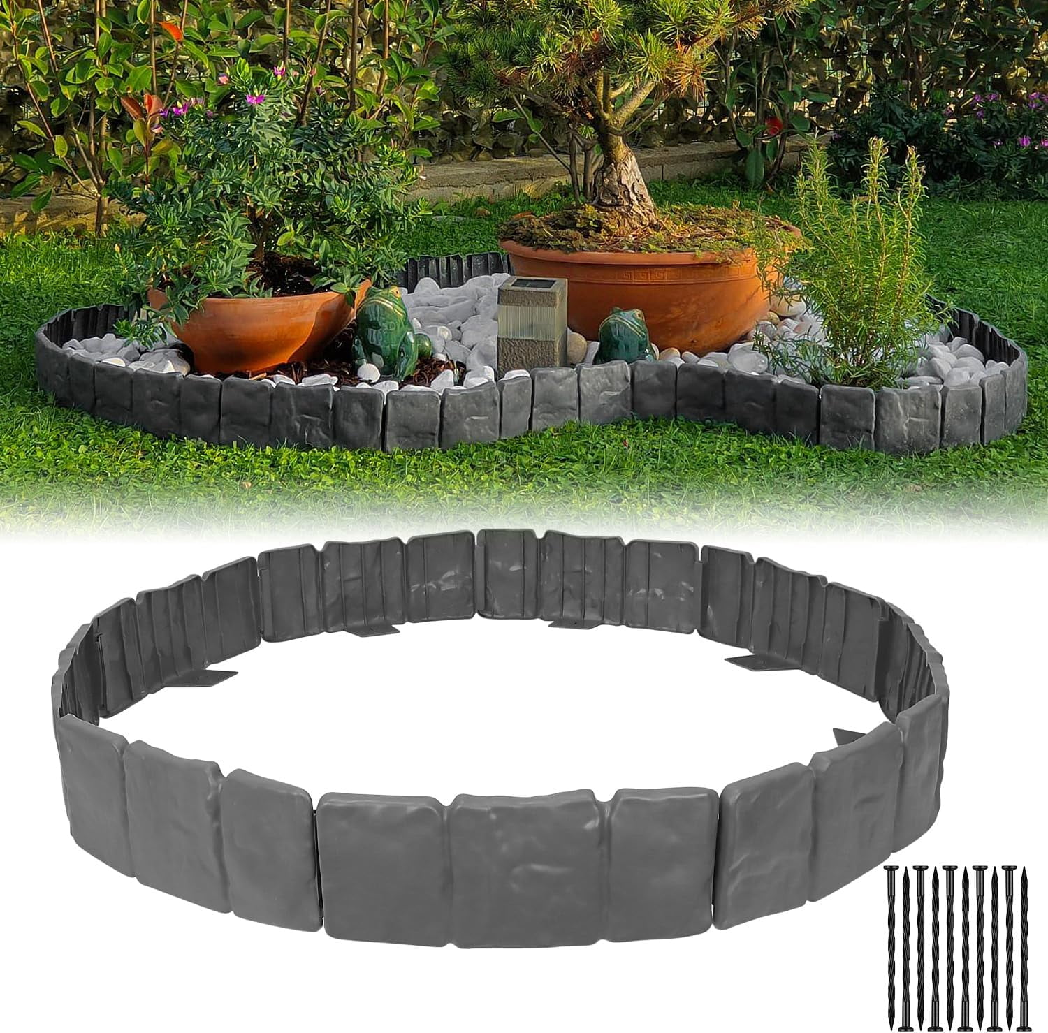Garden Edging Border NO DIG, with Landscape Edging Anchoring Spikes, Gray Stone Effect Plastic Lawn Edging Fencing, Interlocking Yard Lawn Edging for Flower Bed | 24 Ft | 30Pcs | Gray |