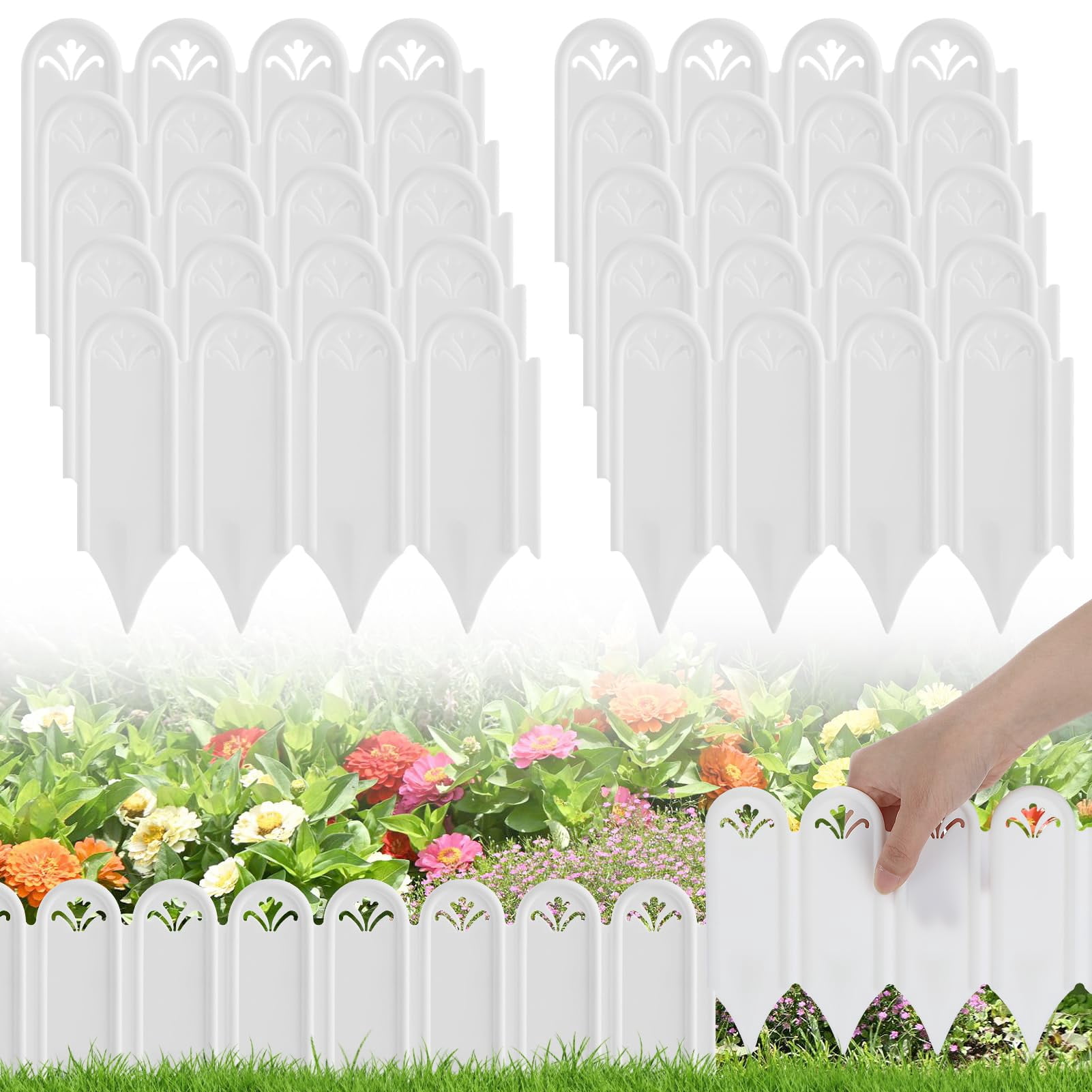 Garden Edging Border & Fences - 15ft Total Length No Need Digging Lawn Fence Border for Dividing Yard Flower Bed Areas, Included 25pcs 8.3" L x 5.9" H White Panels