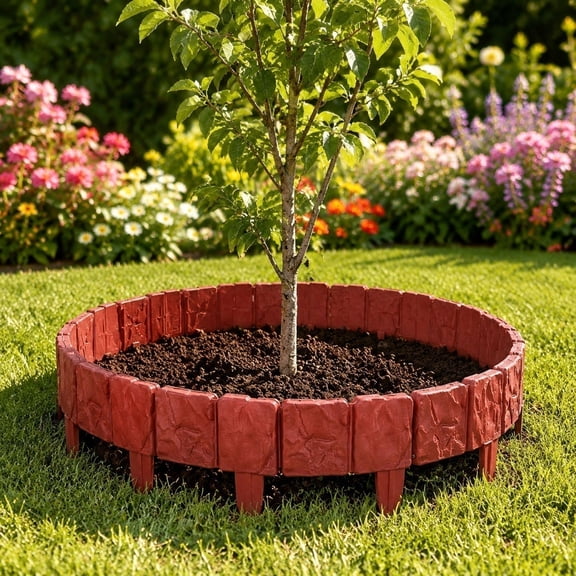 Garden Edging Border, Imitation Stone Garden Edging, Garden Bed Edging, Plastic Garden Edging, 5 Pack 10X9 Inch Red Stake Type Garden Fence Border, Easy Assemble Outdoor Partition