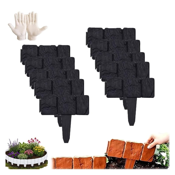 Garden Edging Border Plastic No Dig Interlocking with Stakes Stone Look Cement Gray 10PC