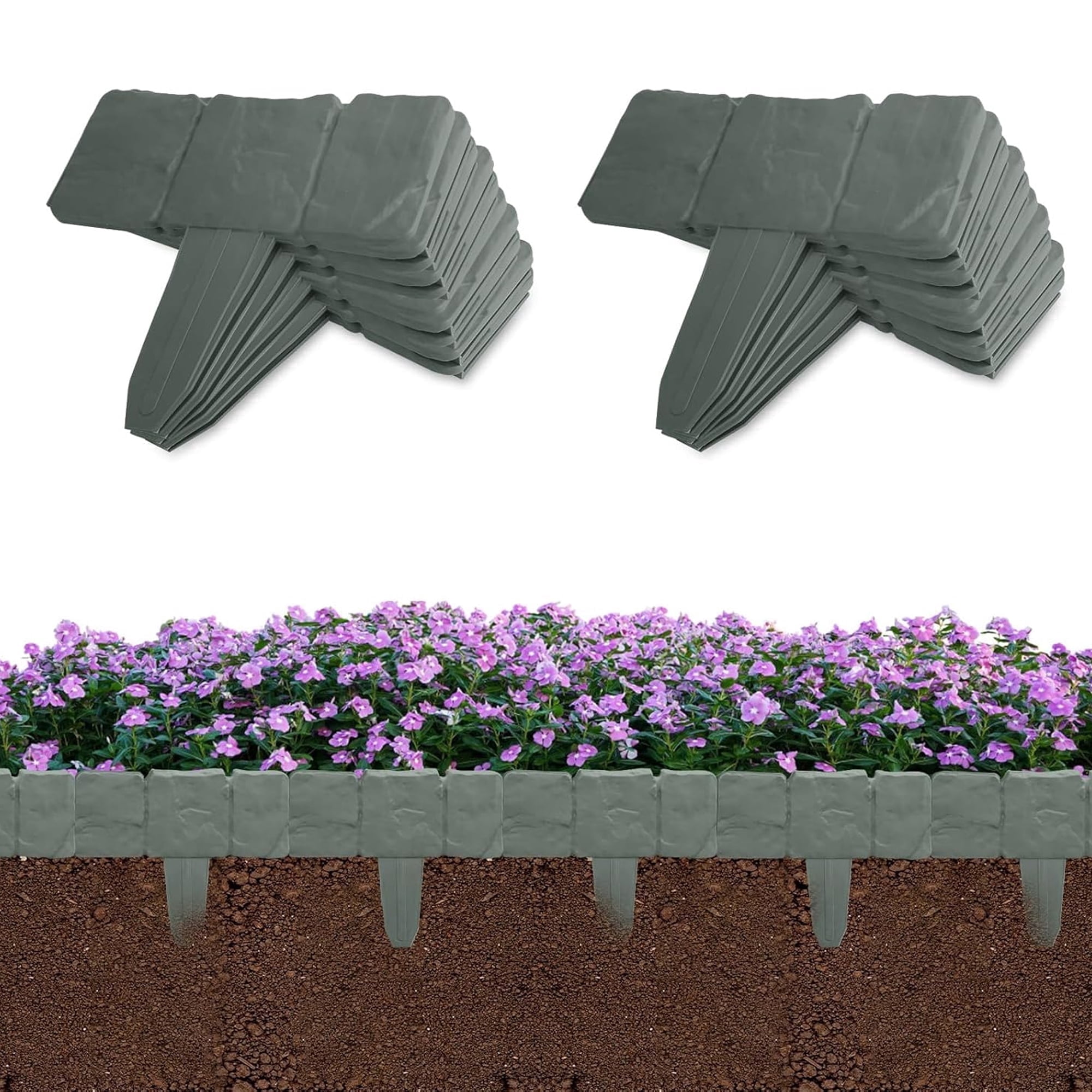 Garden Edging Kits,No-Digging Garden Plastic Fences with 30 Gray Stakes Landscaping Border for Flower Beds,Yards,Lawns (25ft Length)