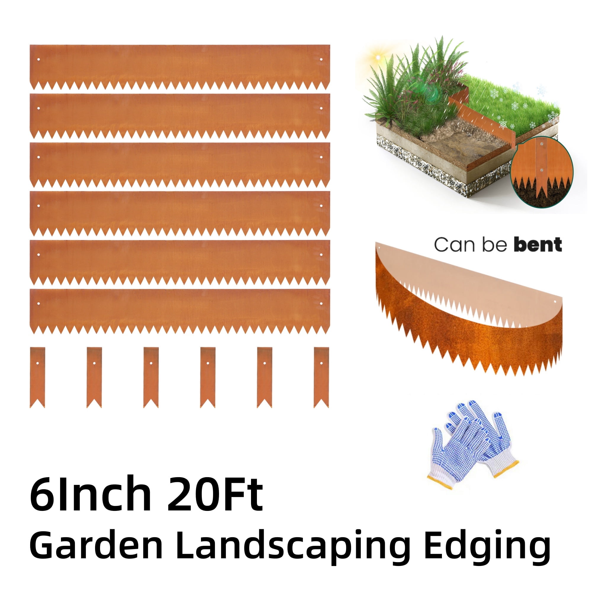 Corten Steel Garden Edging, 6" Rusted Iron Border - 20FT Bendable Landscape Edging for Flower Beds, Lawn/Yard, Hammer-in Design