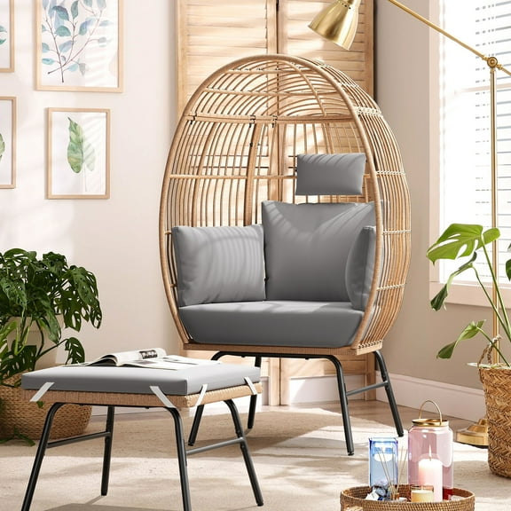 Garden Egg Chair And Footrest - 400 Pound Load Capacity, Lumbar Support Cushion, Hand-woven Pe , Thick Padding, Blue & Neutral, 2 Person, European Modern Sophistication Patio Basket With Cushions