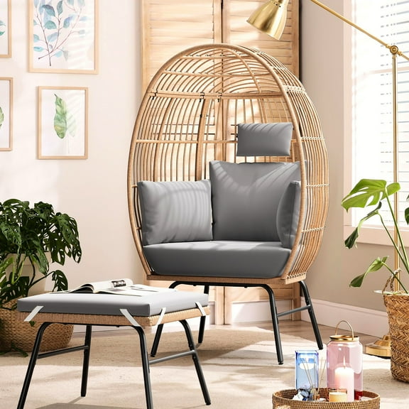 Outdoor Egg Chair With Footstool And Cushions - 400 Lbs Weight Capacity, Back Comfort Enhancement, Weave, Thick Cushion, Blue + Neutral, 2, European Modern Trendsetting Footrest Comfort,