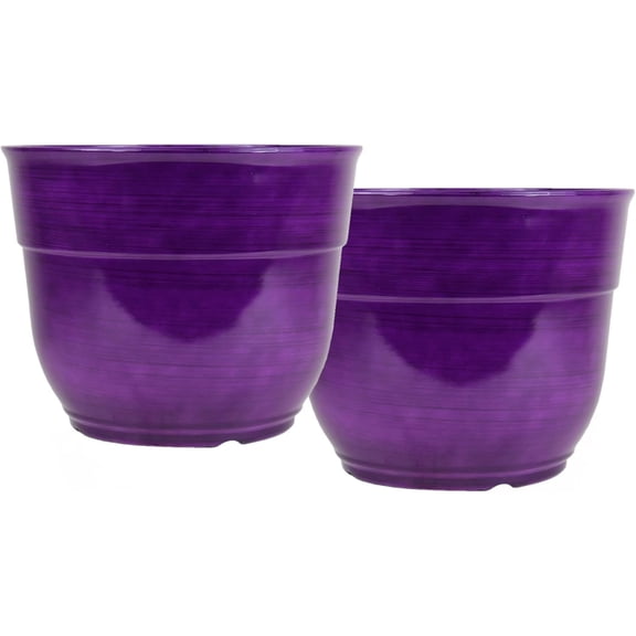 Garden Elements Indoor/Outdoor Glazed Brushed Happy Plastic Planter, Large, Dark Purple, 15" (Pack of 2)