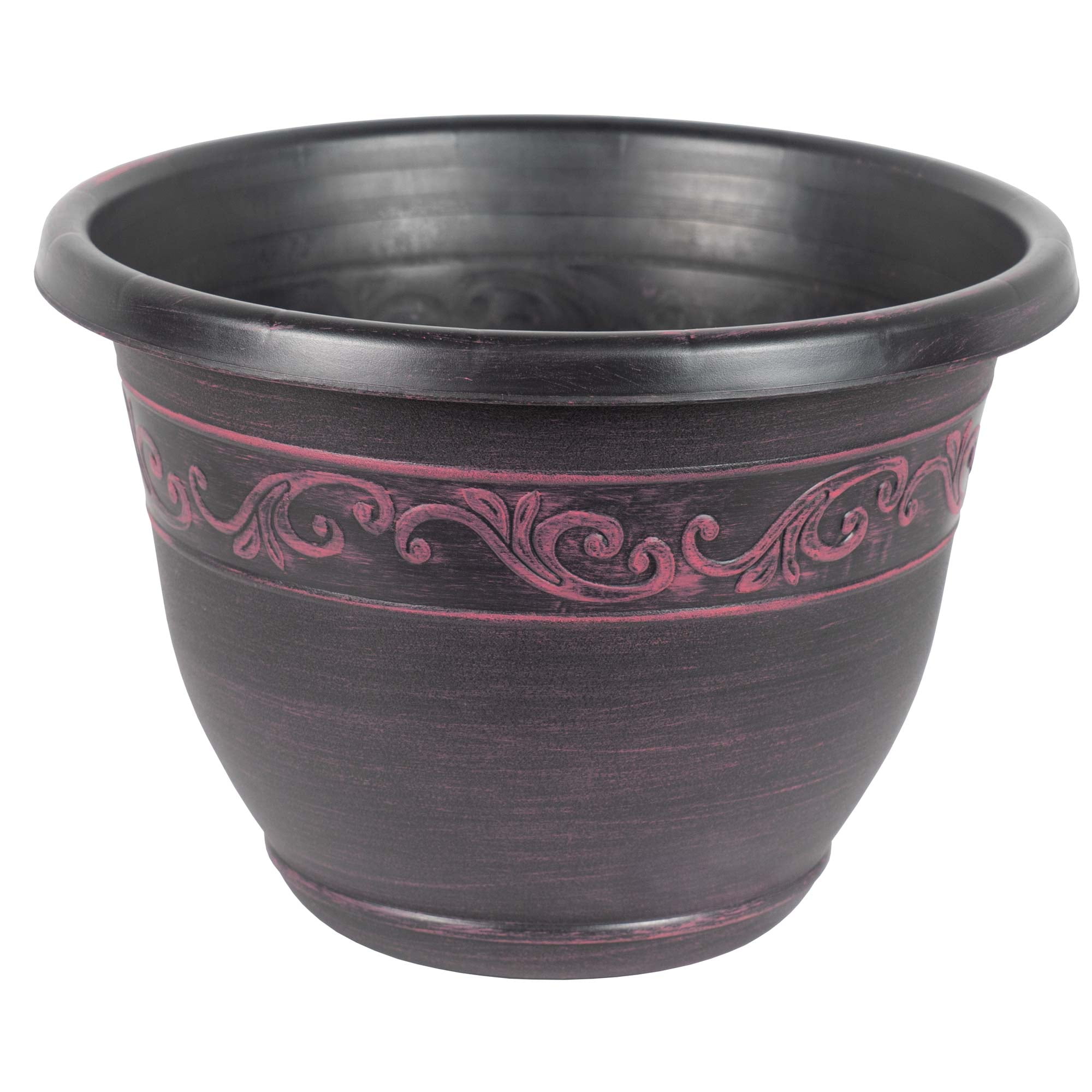 Plum Pink 13" Plastic Outdoor Planter with Decorative Trim
