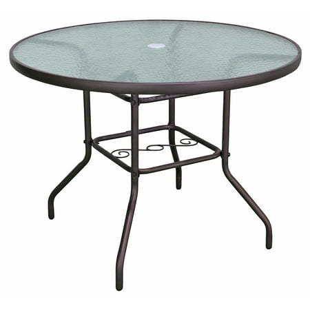 Garden Elements Sienna Metal Round Patio Glass Top Table, 40" (Brown)