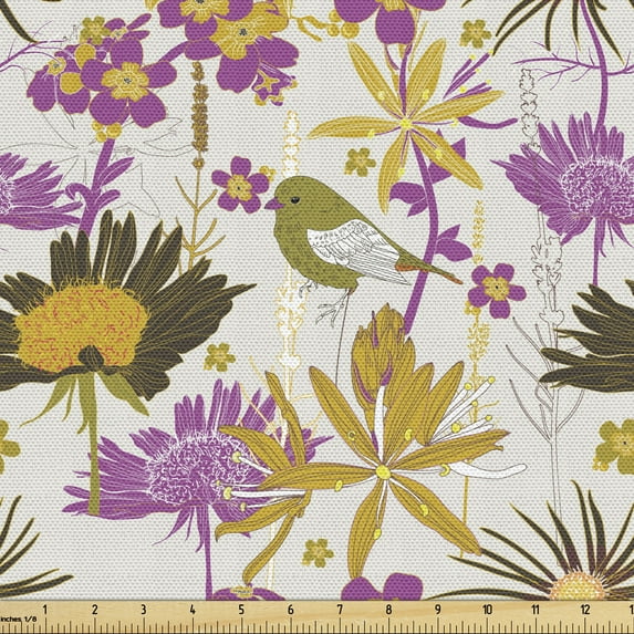 Ambesonne Garden Fabric by the Yard Upholstery, Various Plants and a Bird, 5 Yards, Dark Magenta and Multicolor