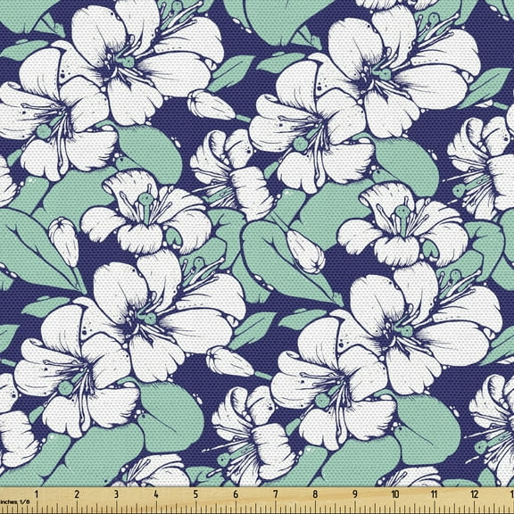 Garden Fabric by the Yard, Tropical Blossoming Flowers Farmland Theme Botanical Illustration, Upholstery Fabric for Dining Chairs Home Decor Accents, 1 Yard, Pale Green White by Ambesonne