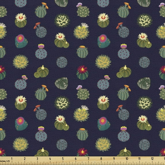 Ambesonne Garden Fabric by the Yard Upholstery, Flowering Cactus Plants Art, 1 Yard, Indigo Multicolor