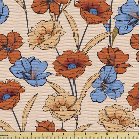 Garden Fabric by the Yard, Vintage Blooming Flowers in Abstract Colors, Upholstery Fabric for Dining Chairs Home Decor Accents, Peach Multicolor by Ambesonne