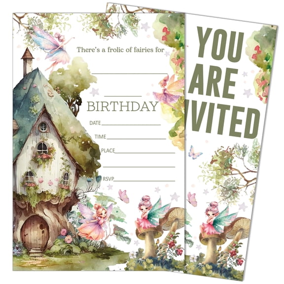 Garden Fairy Themed Birthday Party Invitations 4x6 Inches 20 Pack with Envelopes