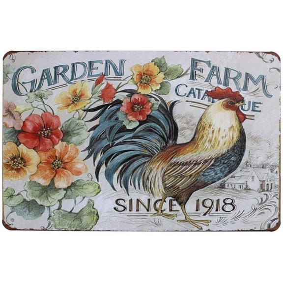 Garden Farm Rooster Metal Sign Vintage Plaque Wall Decor