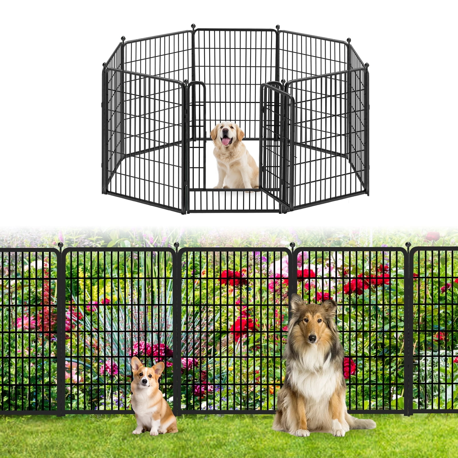 Garden Fence 8 Panels 18ft(L)×40in(H) Animal Barrier Decorative Metal ...