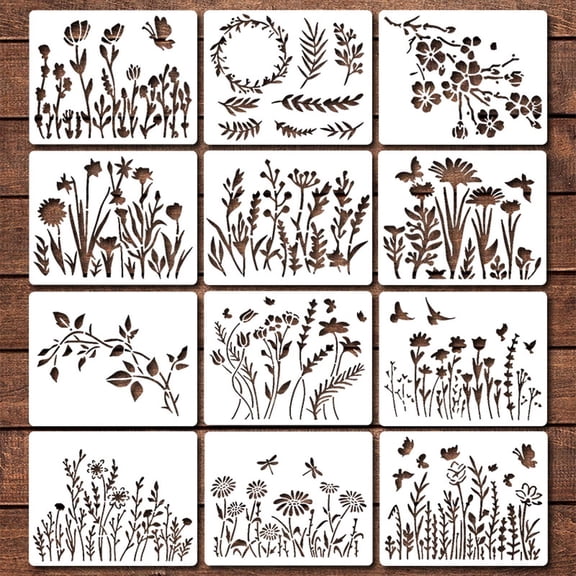 Garden Fence Flower Stencils DIY Reusable Floral Stencils for Painting on Wood Wall Canvas and Card 12pcs Set with Patterns Including Rose Sunflower and Peony