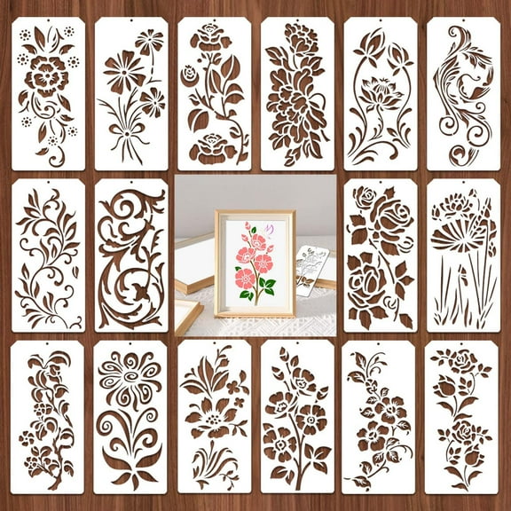 Garden Fence Large Flower Stencils, Gaqring Reusable DIY Painting Stencils for Wood Walls, 16PCS Floral Patterns Rose Sunflower Peony Craft Templates for Home Decor Art Projects
