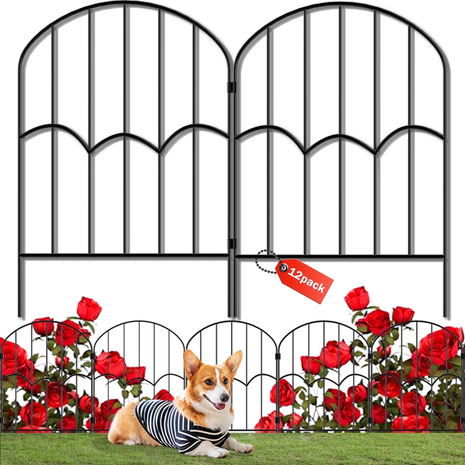Garden Fence Metal Rustproof Decorative Fence, 12 Pack Black 13''L x 23"H , Arched