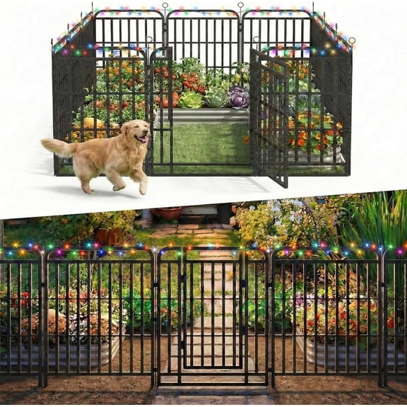 Garden Fence with Solar String Lights, 40in(H) x 27ft(L) No Dig Animal Barrier, 65ft LED String Lights Outdoor Waterproof (4-Color, 19 Modes & Timer), Heavy Duty Dog Fence Outdoor for Yard
