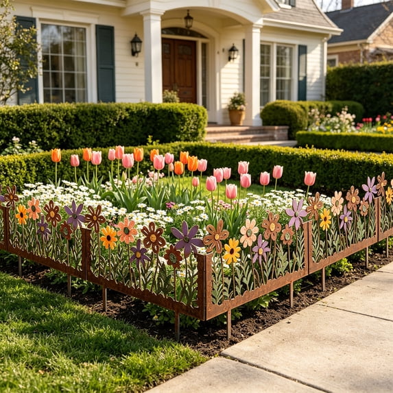 Garden Fence,Yard Edging,Rustic Metal Barrier with Ground Stake for Flower Bed Lawn Outdoor Landscape Decor