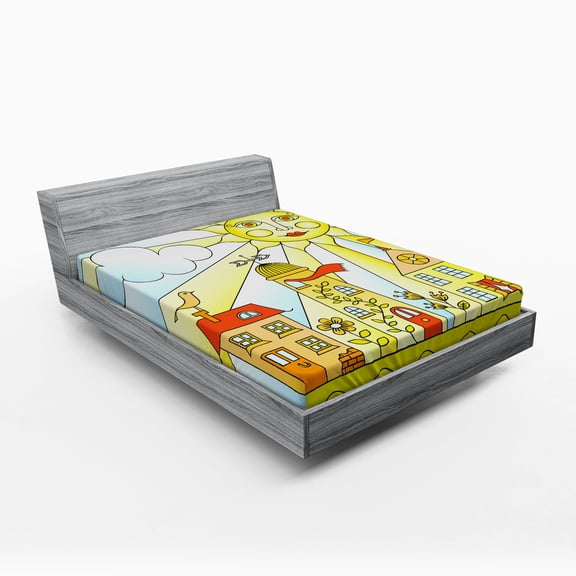 Garden Fitted Sheet, Childlike Drawing of City Under Smiling Sun Cartoon Houses Garden Cloud Nursery, Soft Decorative Fabric Bedding, Queen Size, Multicolor, by Ambesonne