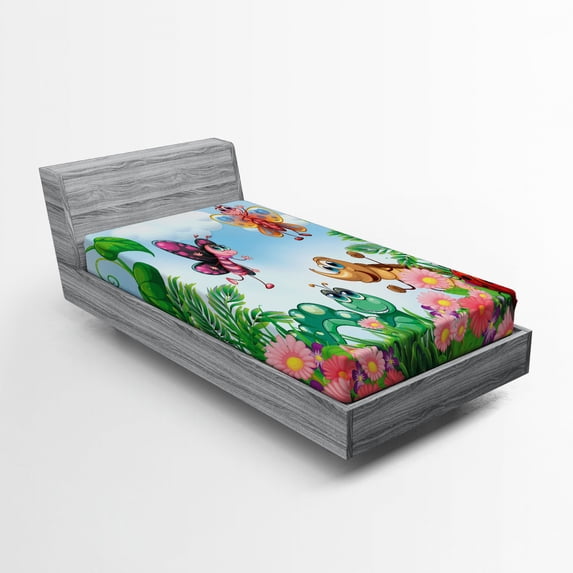 Garden Fitted Sheet, Gardening Theme Illustration of Butterfly Ladybug Worm Flowers and Grass, Soft Decorative Fabric Bedding, Twin XL Size, Jade Green Fern Green, by Ambesonne