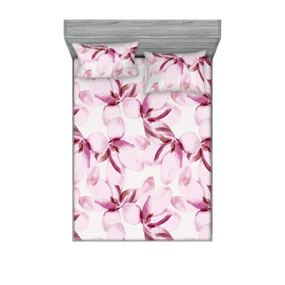 Garden Fitted Sheet & Pillow Sham Set, Magnolia Flowers Pattern Exotic Floral Theme Art on Plain Backdrop, Decorative Printed 3 Piece Bedding Decor, Full, Pale Fuchsia and Soft Pink, by Ambesonne