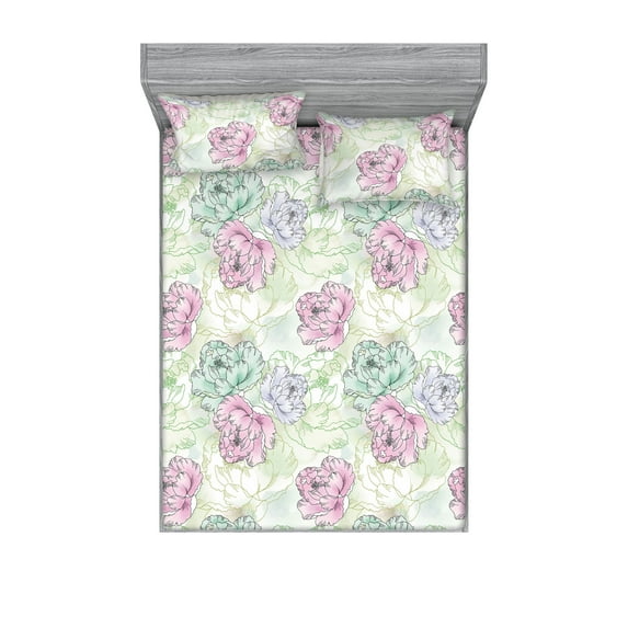 Garden Fitted Sheet & Pillow Sham Set, Simplistic Peony Flowers Leaves Illustration in Hand-Drawn Style, Decorative Printed 3 Piece Bedding Decor, Queen, Soft Pink and Almond Green, by Ambesonne